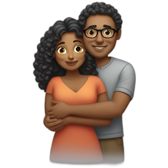 Indian woman with curly hair hugging a tall white man wearing glasses emoji