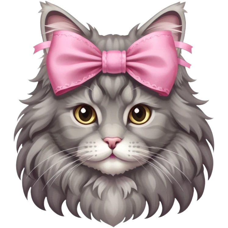 A grey Maine coon Wearing a pink Rococo style Bow ribbon emoji