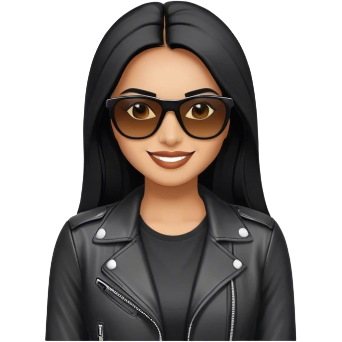 beautiful fit woman, with long straight black hair, with make up, black eye liner, smile mooth close, mexican, brown skin, wearing white tee, wearing leather black jacket, solar black wayfarer on the tip of the nose emoji