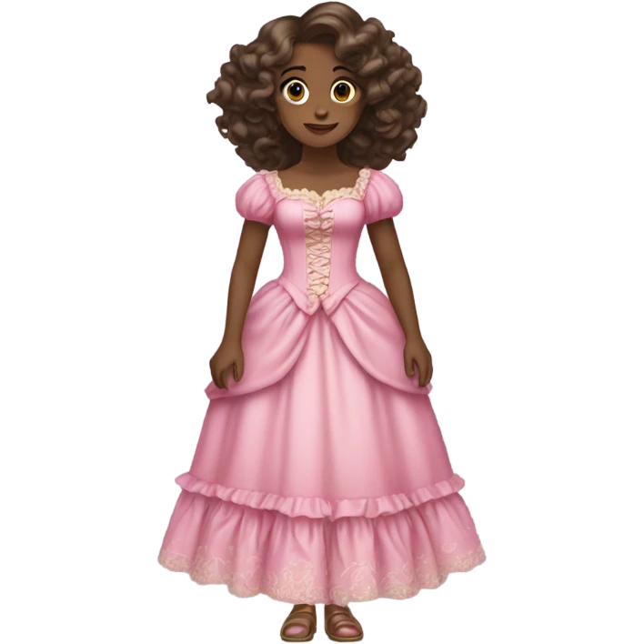 a black brownskin girl standing wearing a rococo dress pink with the hairstyle of wavy long hair emoji