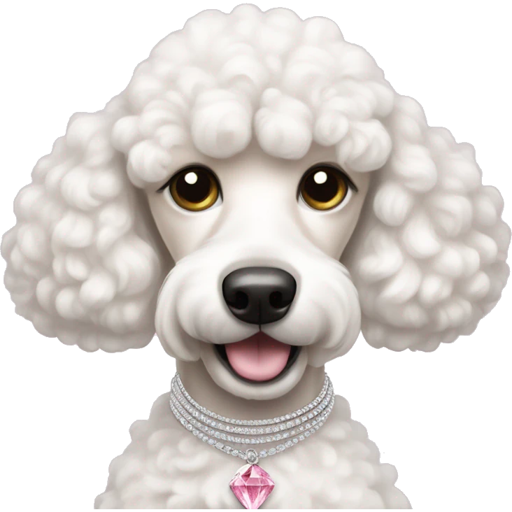 White poodle dog wearing a pink diamond necklace emoji