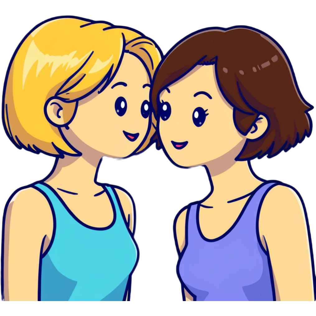 Two women flirting, one with short brown hair and the other with long blonde hair emoji