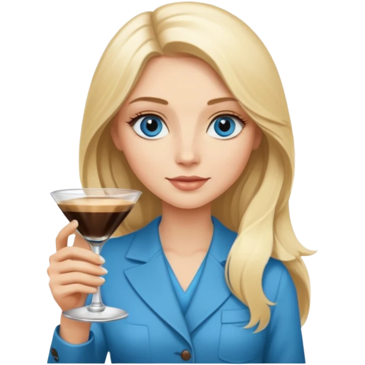 a blond woman with Long blond hair and blue eyes is Holding a Espresso Martini in her hands  emoji