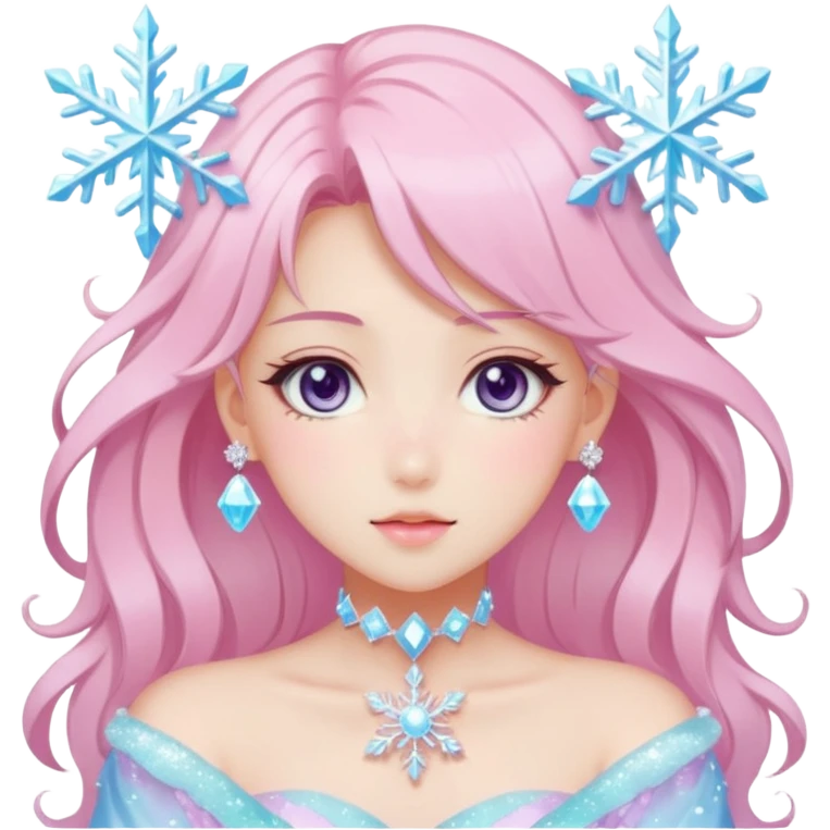 Gorgeous Beautiful Anime-Pastel-Lady with crystals and snowflakes and glitters aesthetic emoji