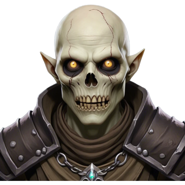 Cinematic Realistic WoW undead civilian Portrait, head tilted epicly and inquisitively, showcasing grim resilience and defiant strength. His withered, pallid skin and intense, glowing eyes contrast starkly with his worn, earth-toned clothes, rendered in meticulous detail. With dynamic, high-contrast lighting and high shine, this portrait exudes an epic aura, capturing the relentless will of a battle-hardened undead civilian. emoji