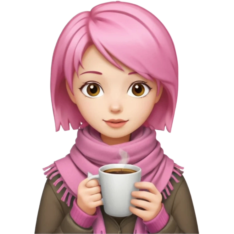 a girl with pink short layer hair, having scarf,  drink coffee, enjoy emoji