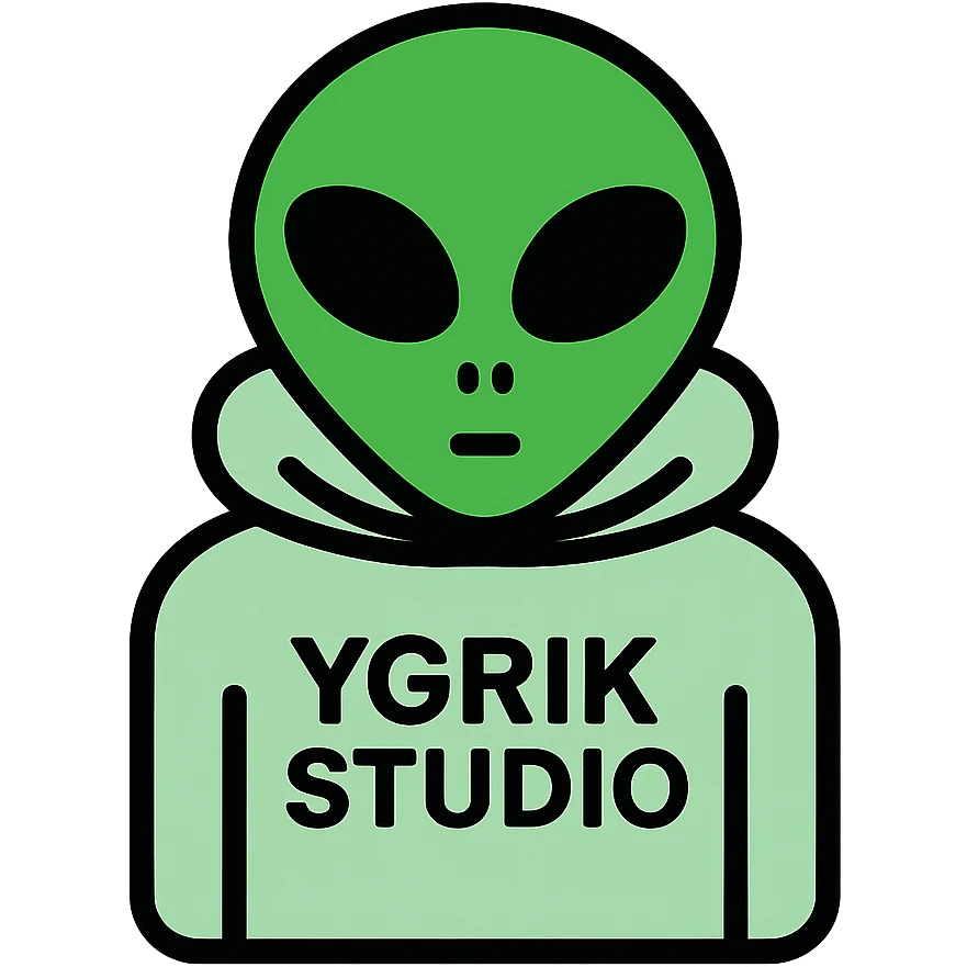 green alien with large black eyes and small nose wearing a light green hoodie with the text 'YGRIK.STUDIO', icon style emoji