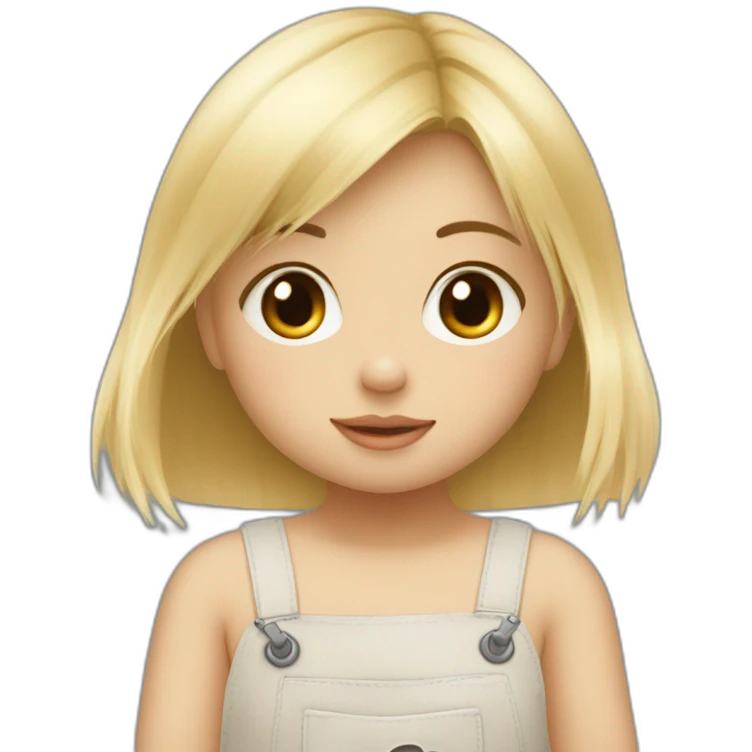 bébé fille blonde décoiffée assise avec une peluche Totoro  emoji