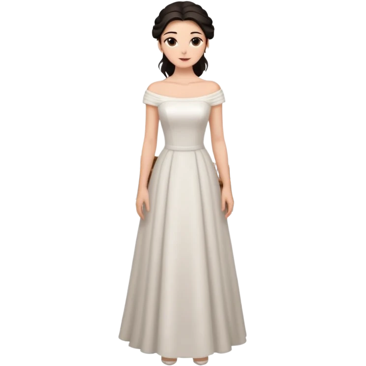 Chica blanca ,ojos marrones, vesti novia ajustado largo, escote barco cuerpo entero ,pelo muy largo moreno y recogido emoji