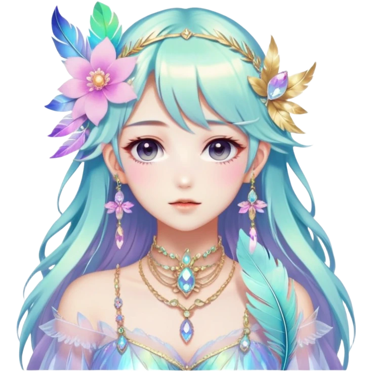 Beautiful gorgeous anime lady with beautiful iridescent-special-hair, fashion aesthetic, ethereal, fairycore, pastelcore, feather, flower, crystals, accessories, jewelries, gold, colorful emoji