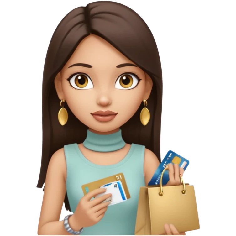 a pretty bratz fair indian girl wearing a beige sleeveless turtleneck, golden earrings, straight ling hair, holding bank cards, dark brown hair, carrying shopping bags emoji