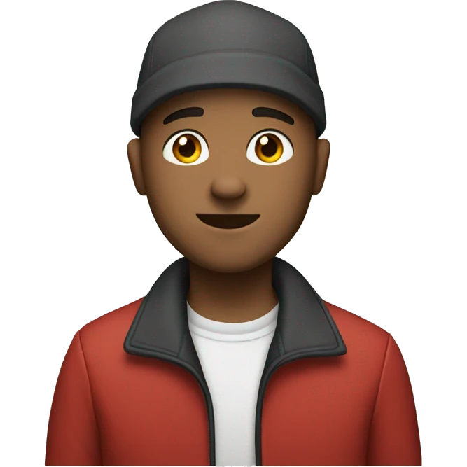 A young, bald man with an and a red jacket and cap emoji