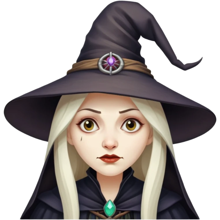 Baba Yaga sorceress woman, classic witch hat, mysterious expression emoji