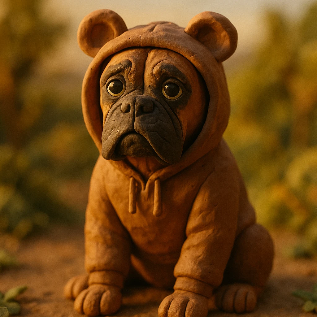 perro bóxer sentado, mirada tierna, buzo con capucha de orejas de osito marrón, iluminación golden hour, entorno natural con follaje, claymation style emoji