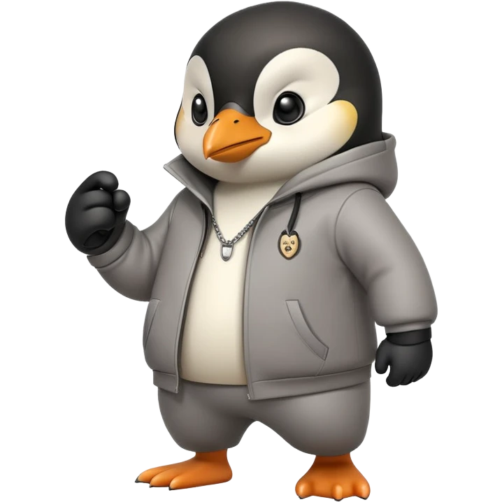 friendly anthropomorphised penguin wearing a mafia-style tracksuit, secretive scheming pose, angry expression, determined stride, holding a knuckle duster emoji