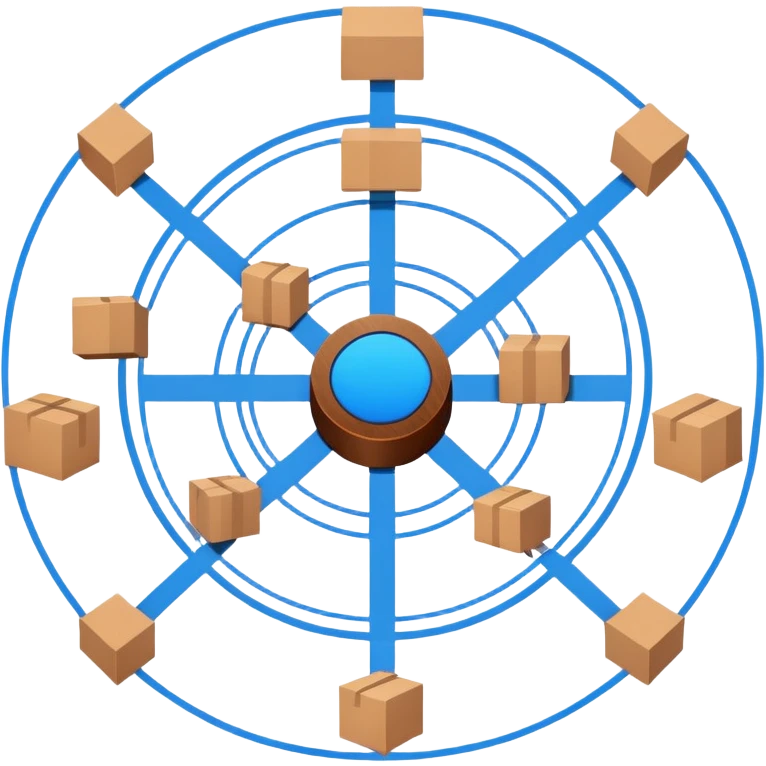 network in a circle form with blue lines and realistic brown boxes at intersection points emoji