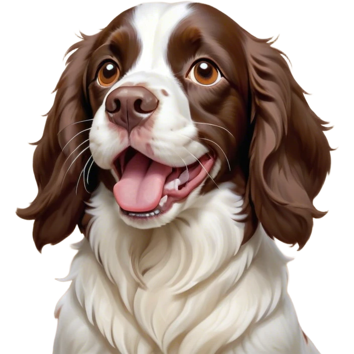 Cinematic Cute Yawning Springer Spaniel Portrait Emoji, Head tilted slightly with a dramatic, wide-open yawn, showcasing a smooth Fur of liver and white with crisp markings, floppy ears slightly drooping, round brown eyes barely open in drowsy contentment, Simplified yet irresistibly adorable features, highly detailed, glowing with a soft, cozy glow, high shine, relaxed yet expressive, stylized with a touch of whimsy, bright and endearing, soft glowing outline, capturing the essence of a sleepy yet affectionate companion, so drowsy it feels like it could stretch right out of the screen and curl up for a nap! emoji