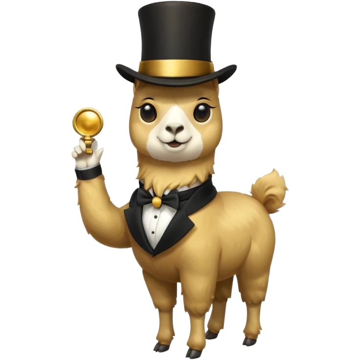 A small golden llama silhouette wearing a black top hat and a single eye monocle, full body shot emoji