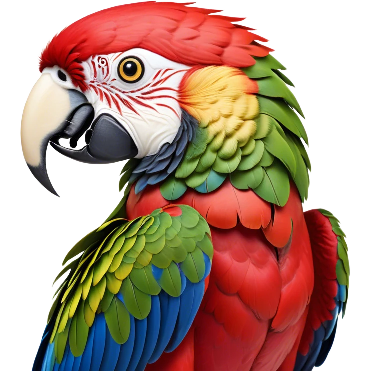 Cinematic Realistic Noble Macaw Portrait Emoji, Poised and majestic, with a robust, vibrant build and meticulously detailed plumage in scarlet, deep blue, and touches of gold, a strong, curved beak and piercing, intelligent eyes, rendered with lifelike feather texture and natural lighting, high shine, commanding and regal, styled with an air of tropical authority, focused and attentive, soft glowing outline, capturing the essence of a watchful and confident macaw that appears ready to soar out of the screen with effortless splendor! emoji