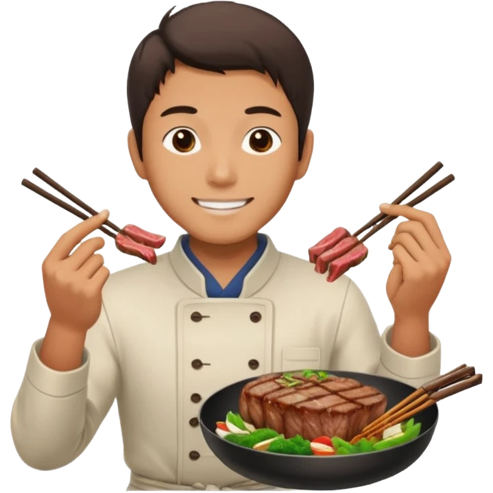 Japanese man holds in hands steak preparing to eat with lovely sight emoji