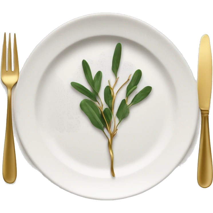 Modern Thanksgiving table emoji: A tiny, chic table setting with gold cutlery, a white plate, and a sprig of greenery on a neatly folded napkin. emoji