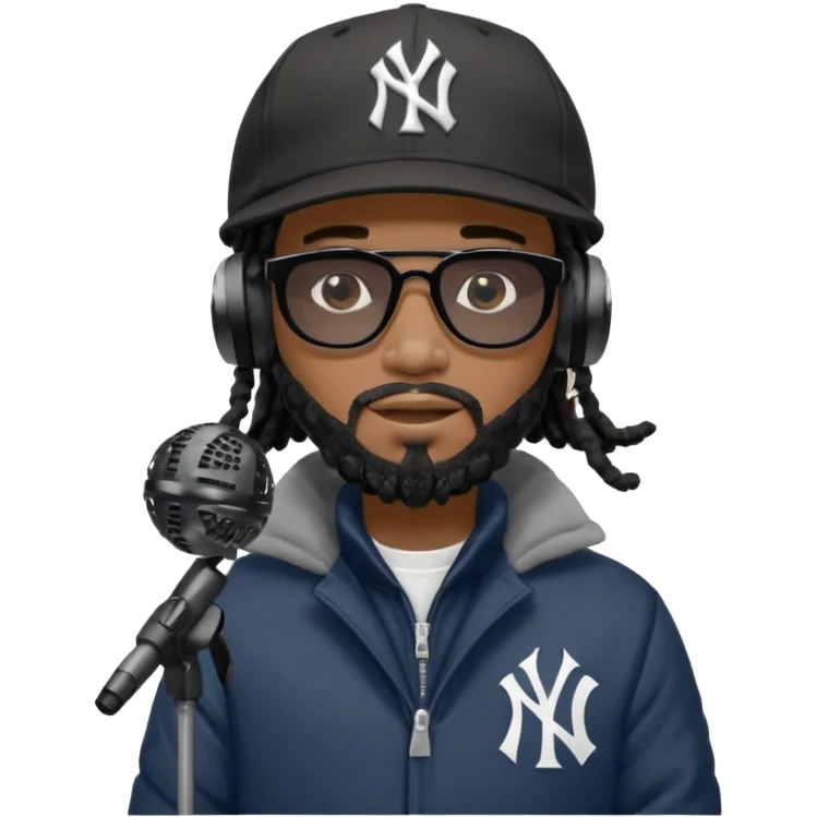 African American man with shoulder length black dreadlocks with black beard wearing black sunglasses wearing a New York Yankees logo baseball cap wearing a black bubble winter coat wearing headphones rapping into recording studio microphone with a mic cover emoji