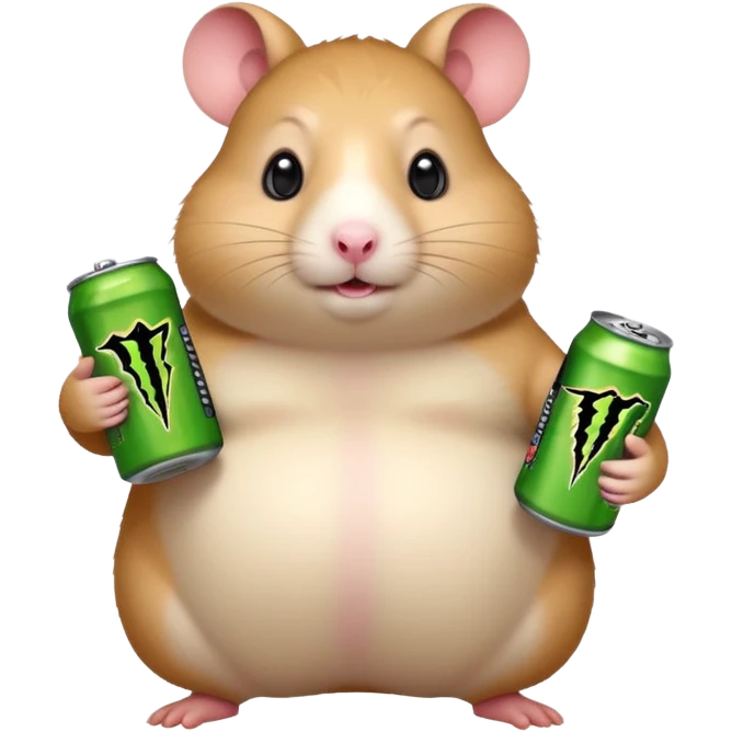 Funny cartoon-style fat hamster wide eyed like a crackhead holding a can of monster energy in one hand and redbull in the other hand emoji