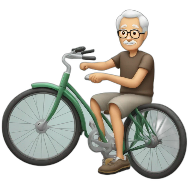 Abuelo muy gordo. sin barba. con una boina en la cabeza. pedaleando con una bicicleta antigua. con cara de cansado. emoji