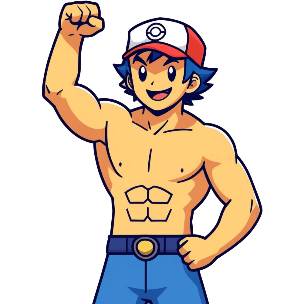 Hot handsome bara style  muscular 6ft 5inch tall smiling happy fun shirtless Ash Ketchum and friends, one fist raised in celebration  emoji