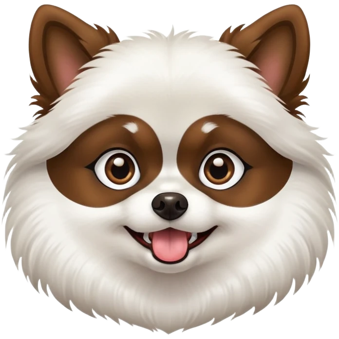 A dark brown colored Pomeranian. The fur on its chin is white. The ears are pointed and the tongue is sticking out. The whites of the eyes are visible emoji