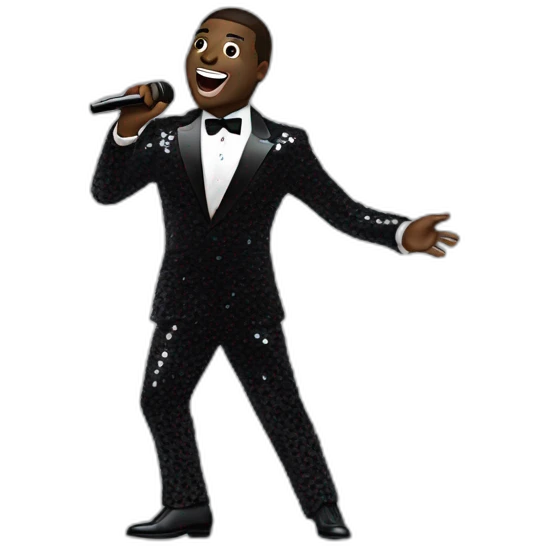 sam richardson in a black sequin suit singing into a microphone full body dancing emoji