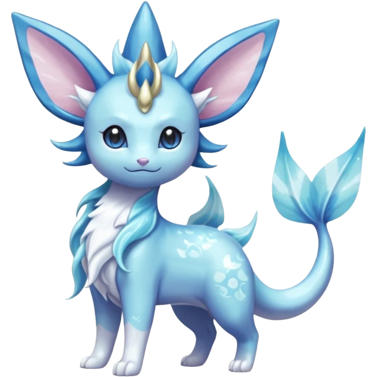 Magical pastel divine royal wealthy realistic beautiful pretty shiny glittery Suicune-Vaporeon-Primarina-Amaura-Pokémon-Fakémon-fusion, full body emoji