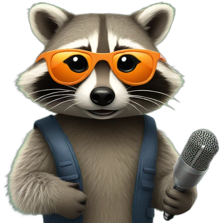 raccoon with orange sunglasses and a podcast microphone emoji