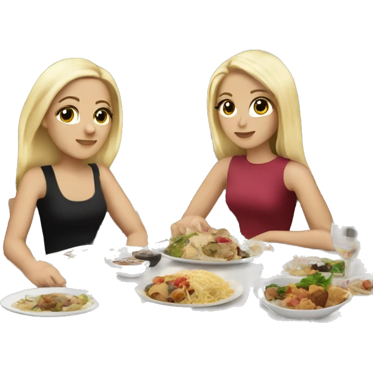 White Girl with black hair sitting at dinner with two blonde friends emoji