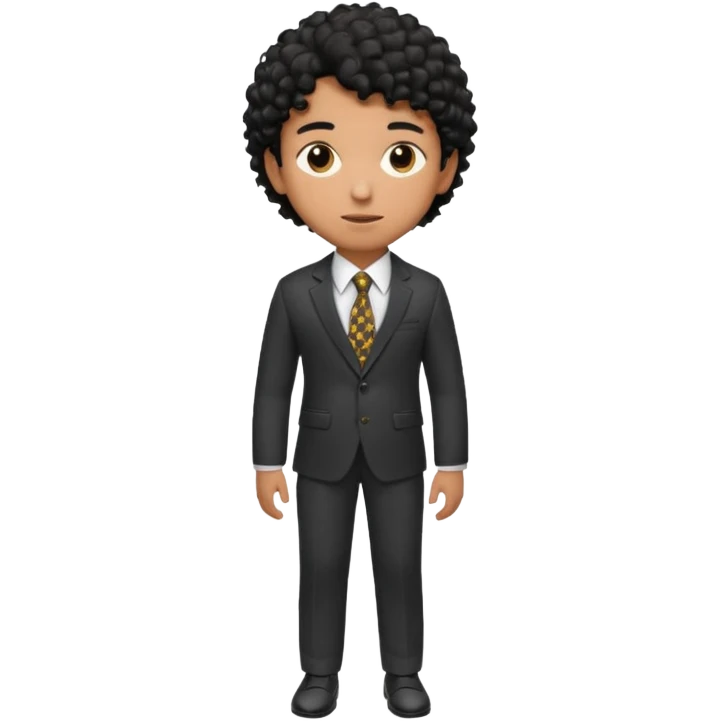 Young man, brown skin, black curly hair, tailored trousers, suit jacket, and tie, portrait

 emoji
