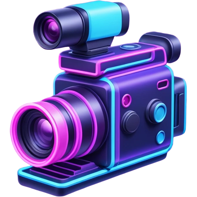 videographer's camera in pink and light blue colors, with neon glow lines, blue neon light on top left, purple neon light on bottom right emoji
