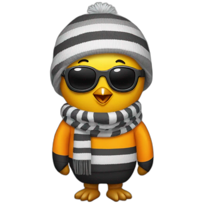 Club-Pengun-yellow penguin with black glasses dirtyblonde hair with orange tshirt and gray striped scarf emoji