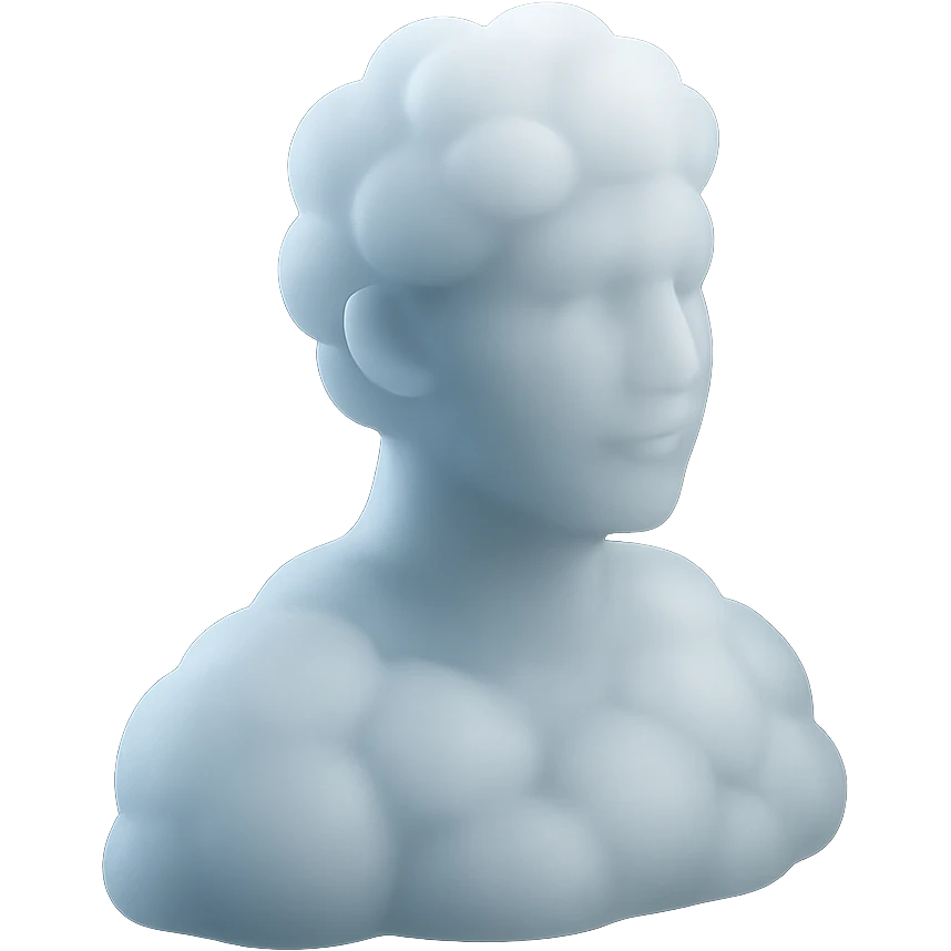 person looking straight, made entirely of white fluffy convex clouds, shoulder up, matte glass style, no background emoji