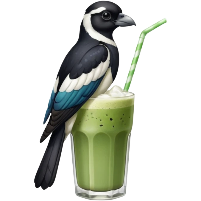 It’s an Australien Magpie sitting on an iced matcha latte on the edge of the glass. It has green matcha on its beak indicating it drank. The iced matxha latte is in a see through glass and white from the oat milk on the bottom and green on top…and there is a straw in the drink and ice cubes emoji