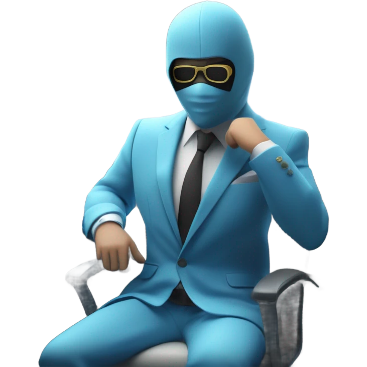 Grand thief's Light blue Suited and Masked Human character reminiscent of a GTA setting in the office in front of computer  stock market gallery and NFTs in the background. emoji