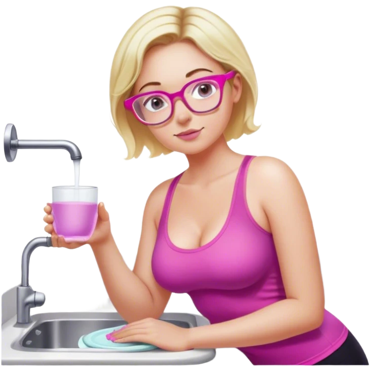 Curvy fair and freckled skinned woman, short blond hair, small light purple reading glasses, washing dishes, short flowing sheer hot pink tank top, without undergarments SFW, black yoga pants, thick booty emoji