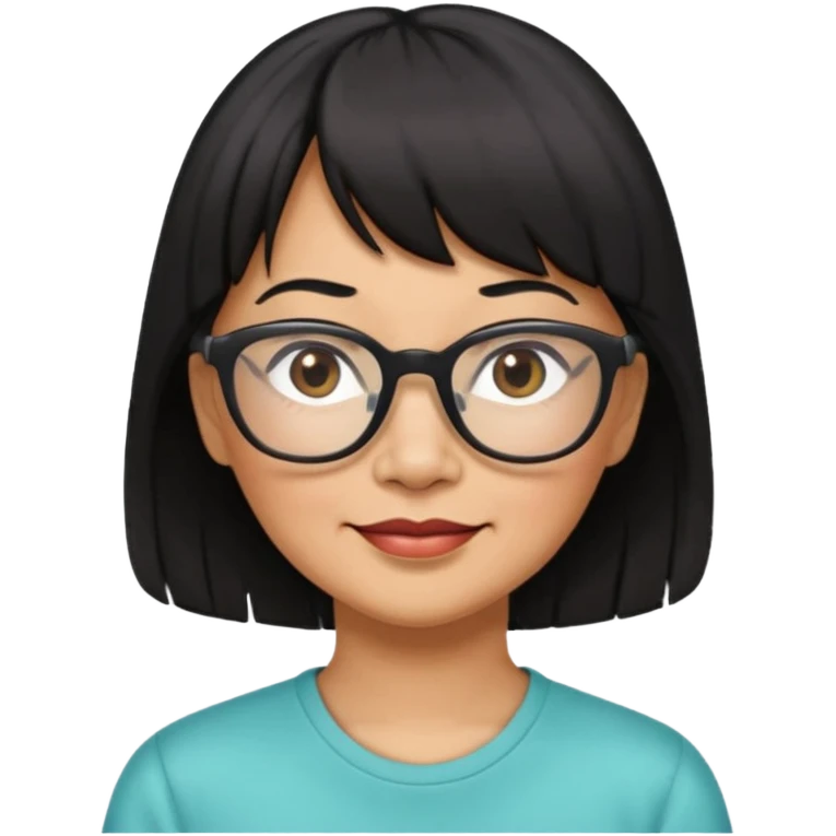 filipino woman black hair in one pony tail with straight bangs and big glasses, 60 yr old

 emoji