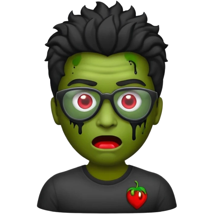 Crie um zumbi com sangue estilo emoji do iPhone com cabelo ondulado grande preto com camiseta preta e óculos de grau preto emoji