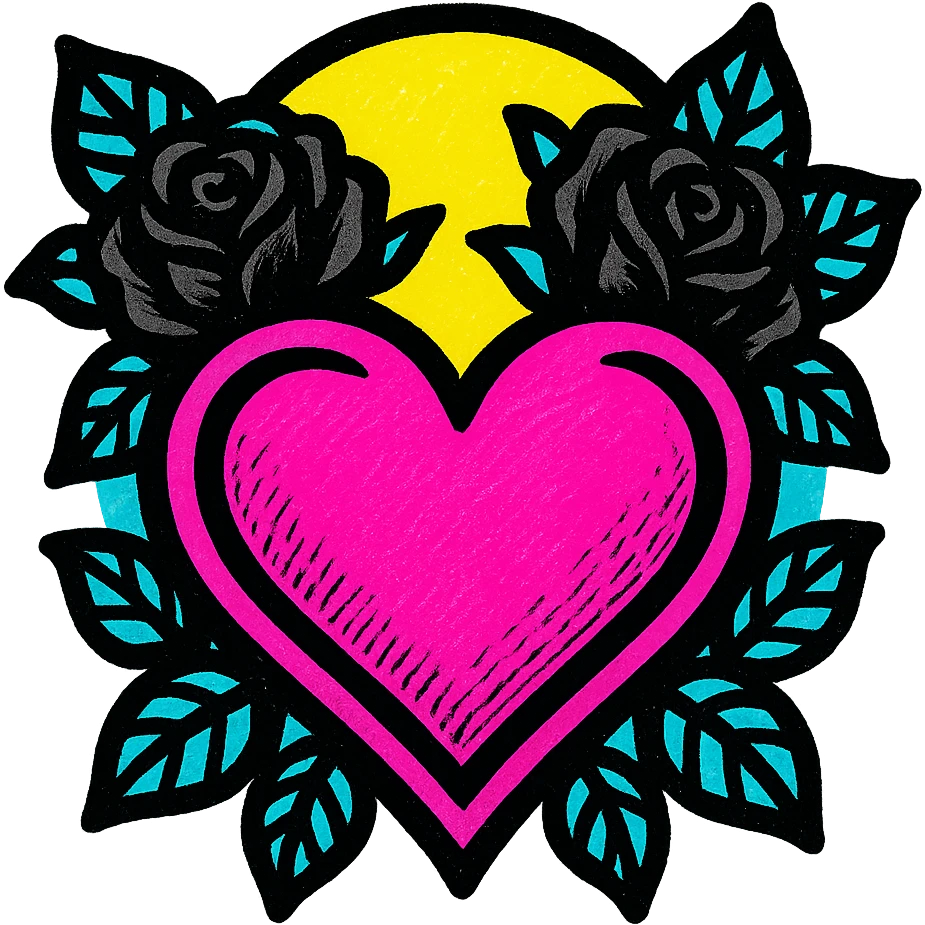 gothic heart with dark roses, pink and black colors, pop colors style emoji