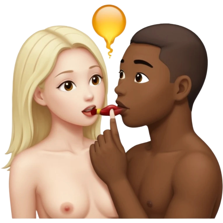 Nude light-skinned female giving fellatio to darker-skinned asian male emoji