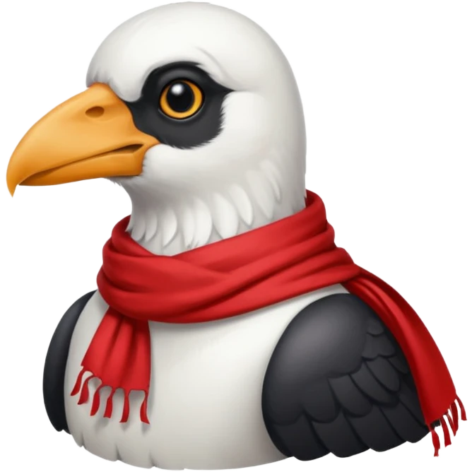 a white crow emoji looking down and wearing a red scarf emoji
