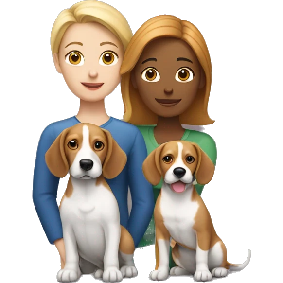 two white women couple, with one beagle dog, three cats emoji