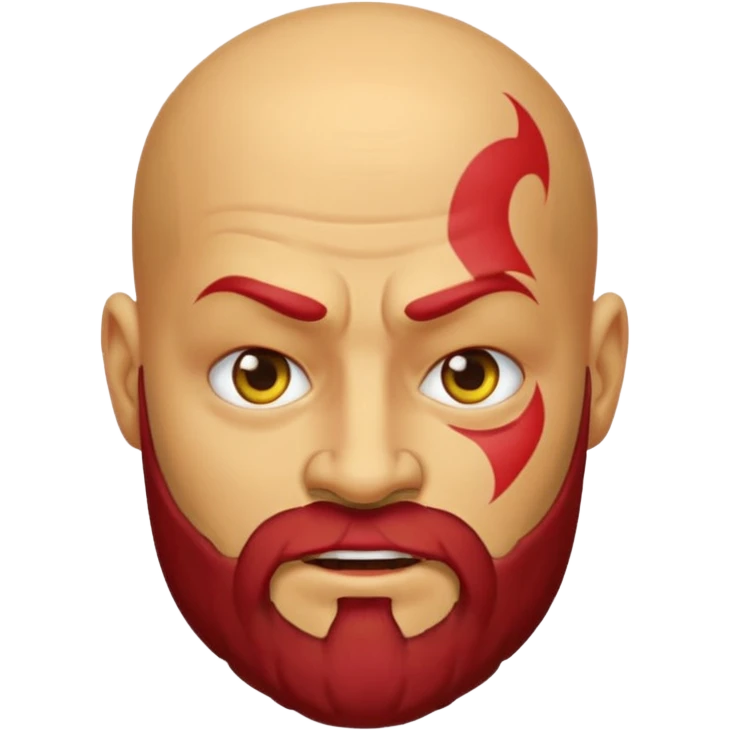 yellow-faced emoji of Kratos, bald head, red face tattoo, beard, classic yellow emoji style emoji