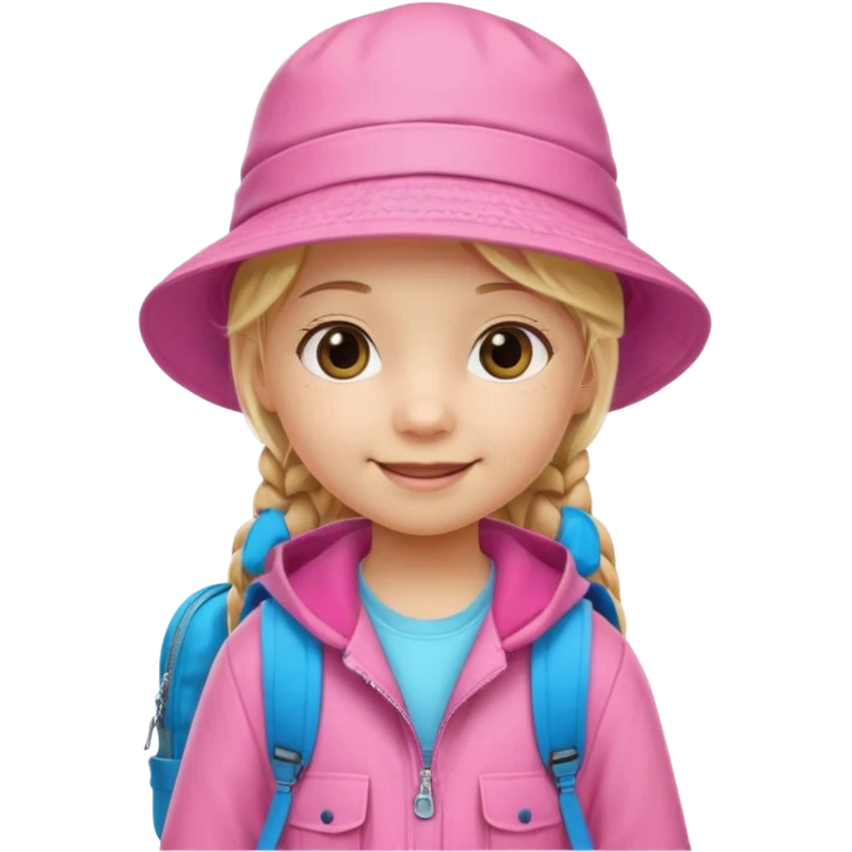 Little girl kid student, long braid blonde, wears pink bucket hat and jacket, backpack, happy emoji