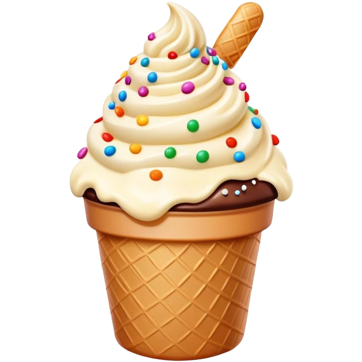 Cinematic scoop of rich, creamy ice cream, slightly melting, smooth swirls of chocolate and vanilla, colorful sprinkles on top, warm glowing background, playful and inviting. emoji